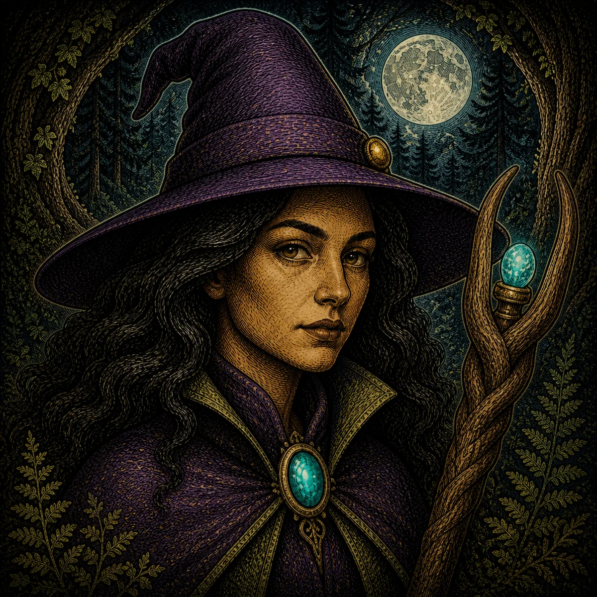 An engraved concept illustration of a purple-hatted witch beneath a woodland moon.