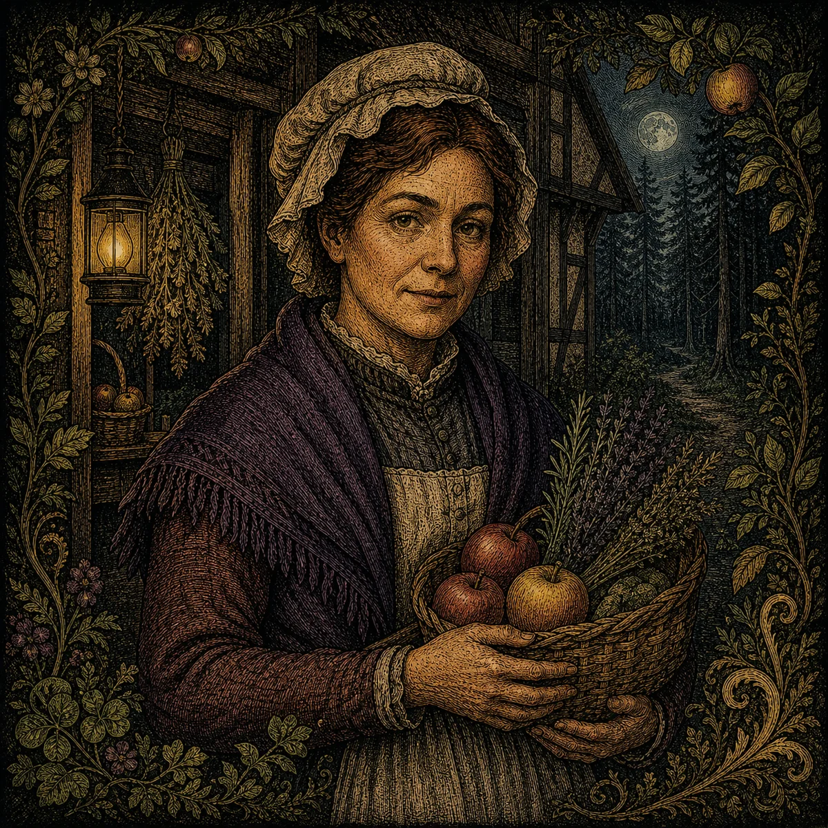 Hester, the woodland teacher, in a botanical-style concept portrait.