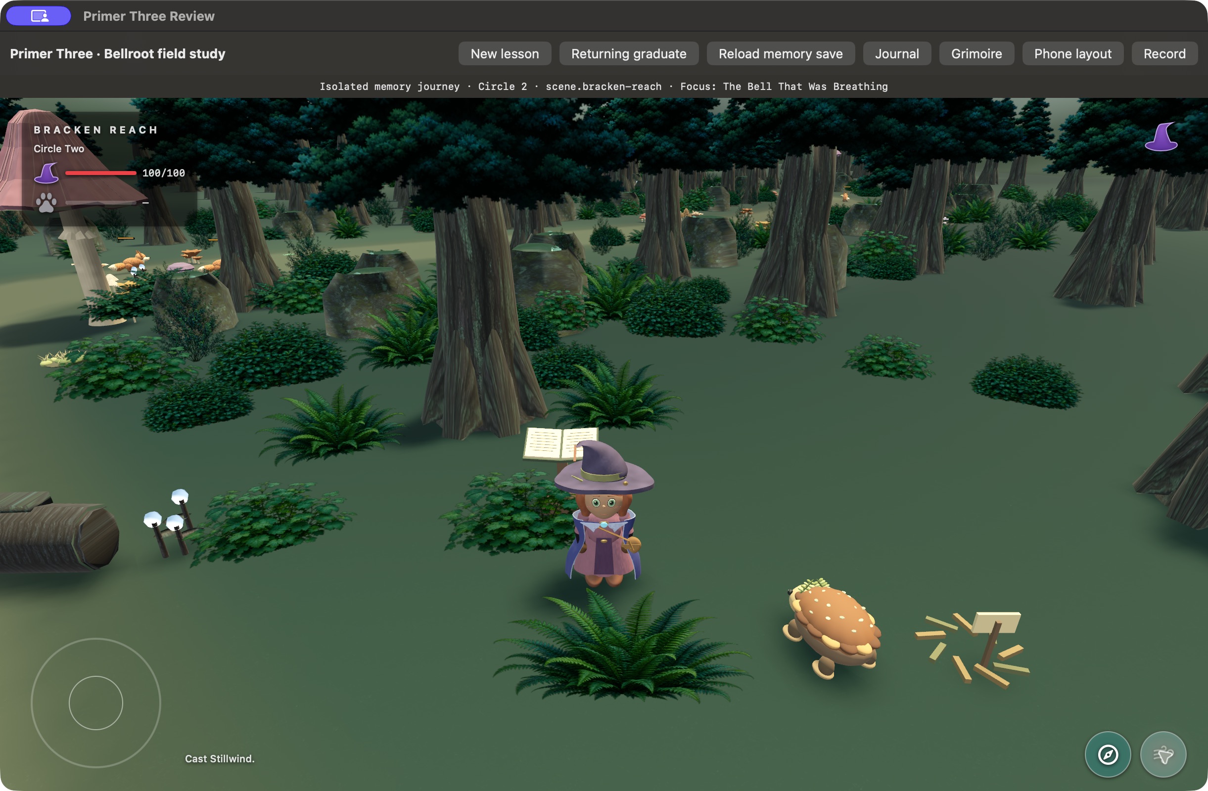 Witch Primer development gameplay in Bracken: the purple-hatted witch beside an open field book and a small woodland creature.