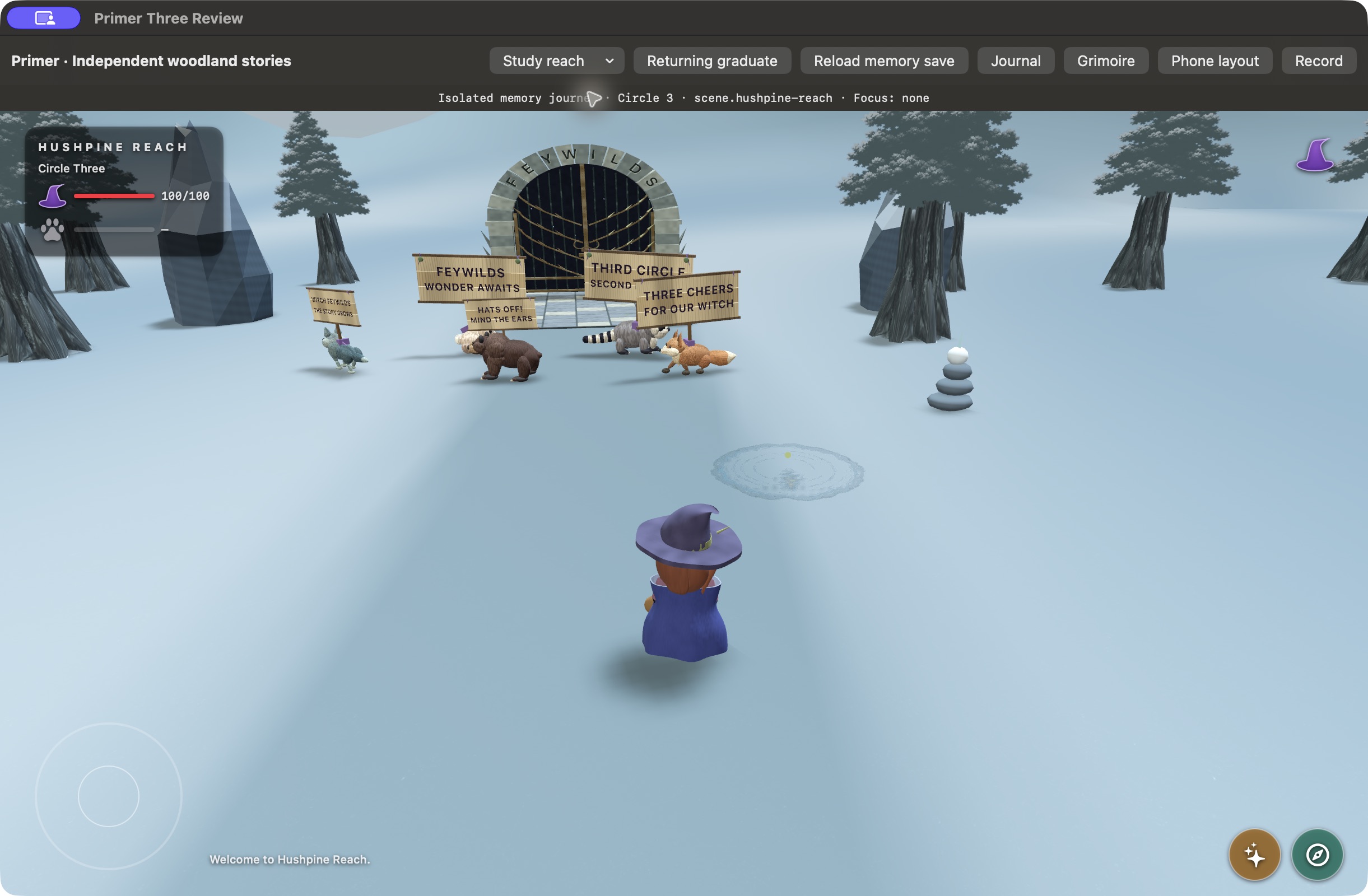 Witch Primer development gameplay in snowy Hushpine: woodland animals carry celebratory signs beside a closed gate.